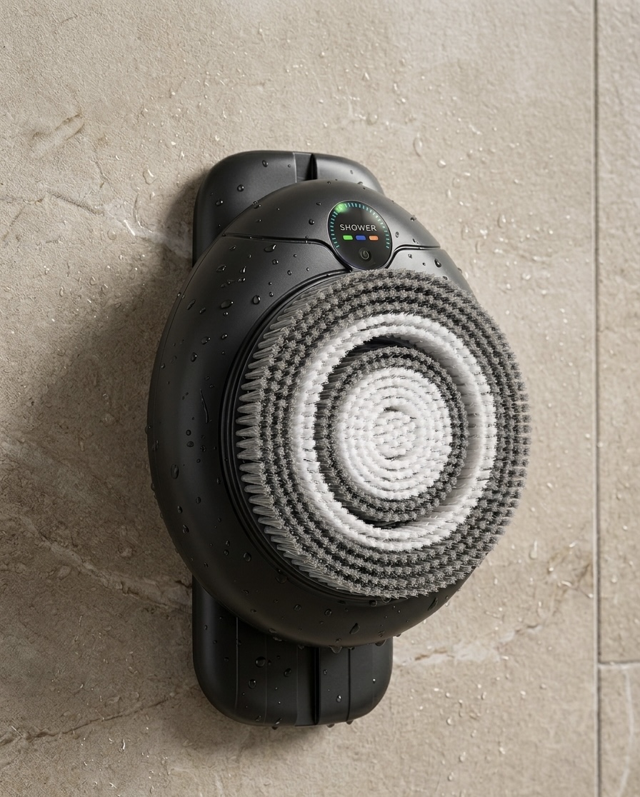 LumaScrub wall-mounted back scrubber in a shower with lather
