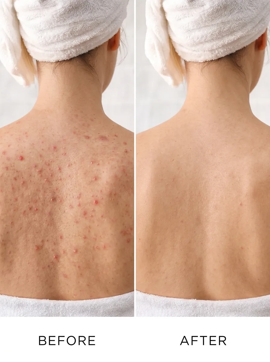 Before and after showing clearer back skin after using LumaScrub