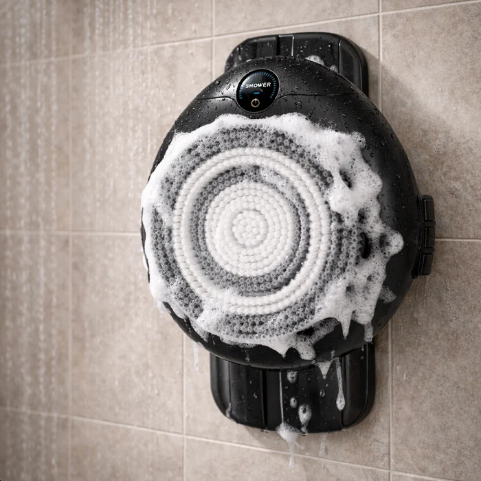 LumaScrub back scrubber in black with lather